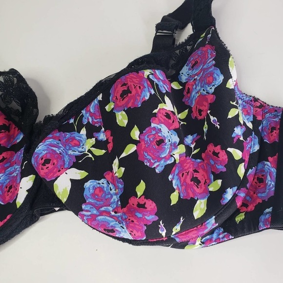 Cacique Floral Underwire Bra 44DDD Black‎ Pink Purple Lace - Picture 2 of 9